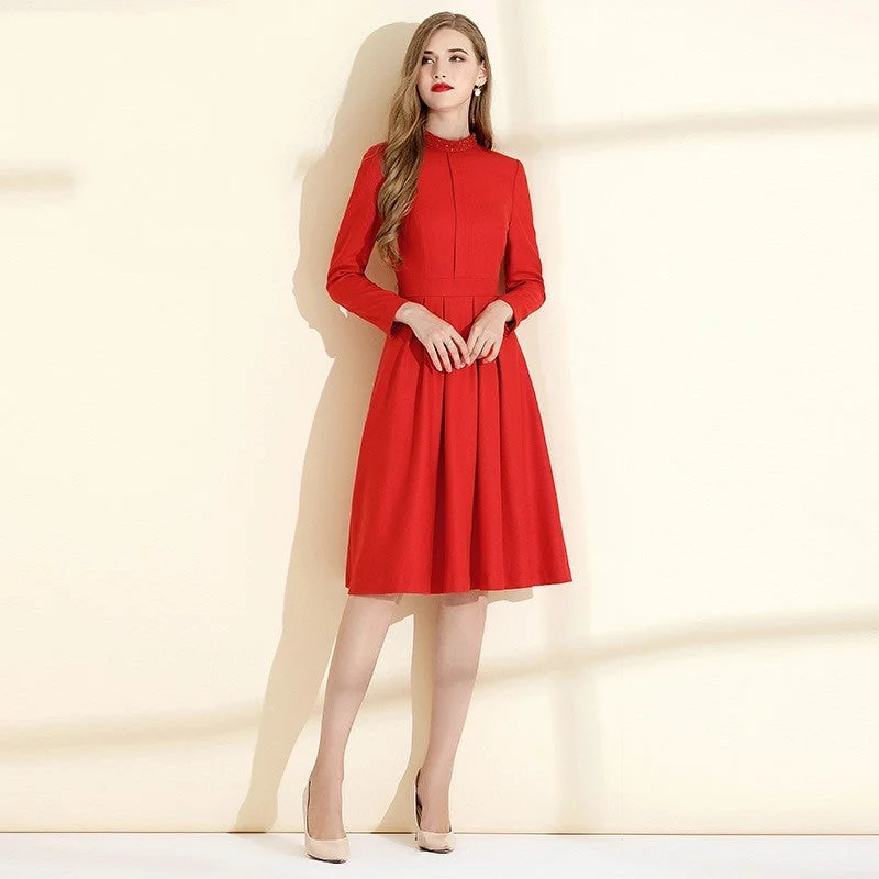 Women's Elegant Red Wool Dress Preppy unclassified dresses