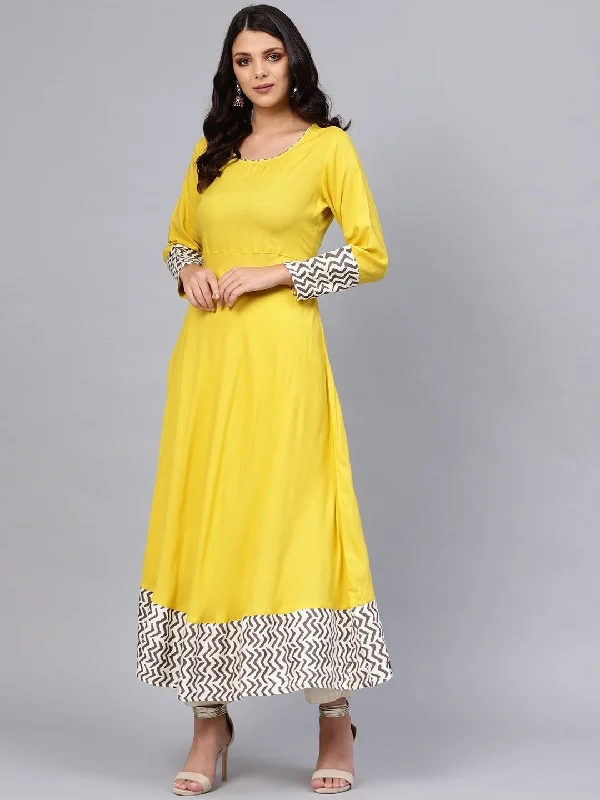 Wahe-NOOR Women's Solid Mustard Yellow Rayon Anarkali Lace unclassified dresses