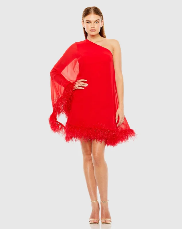 Red One Shoulder Trapeze Dress with Feather Trim Tulle unclassified dresses