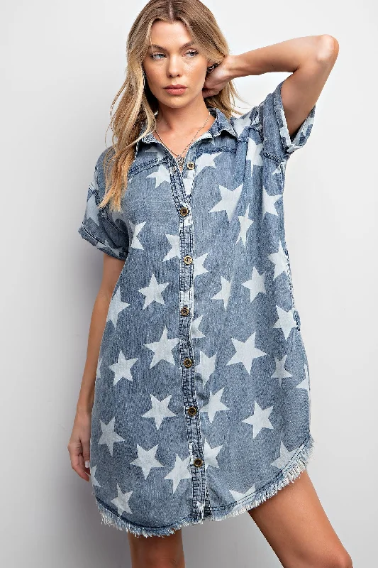 Easel Twinkle Star Print Tunic Dress in Dark Denim