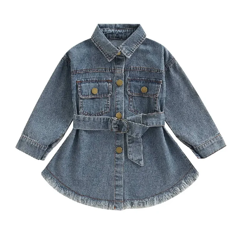 Long Sleeve Denim Waistband Toddler Dress