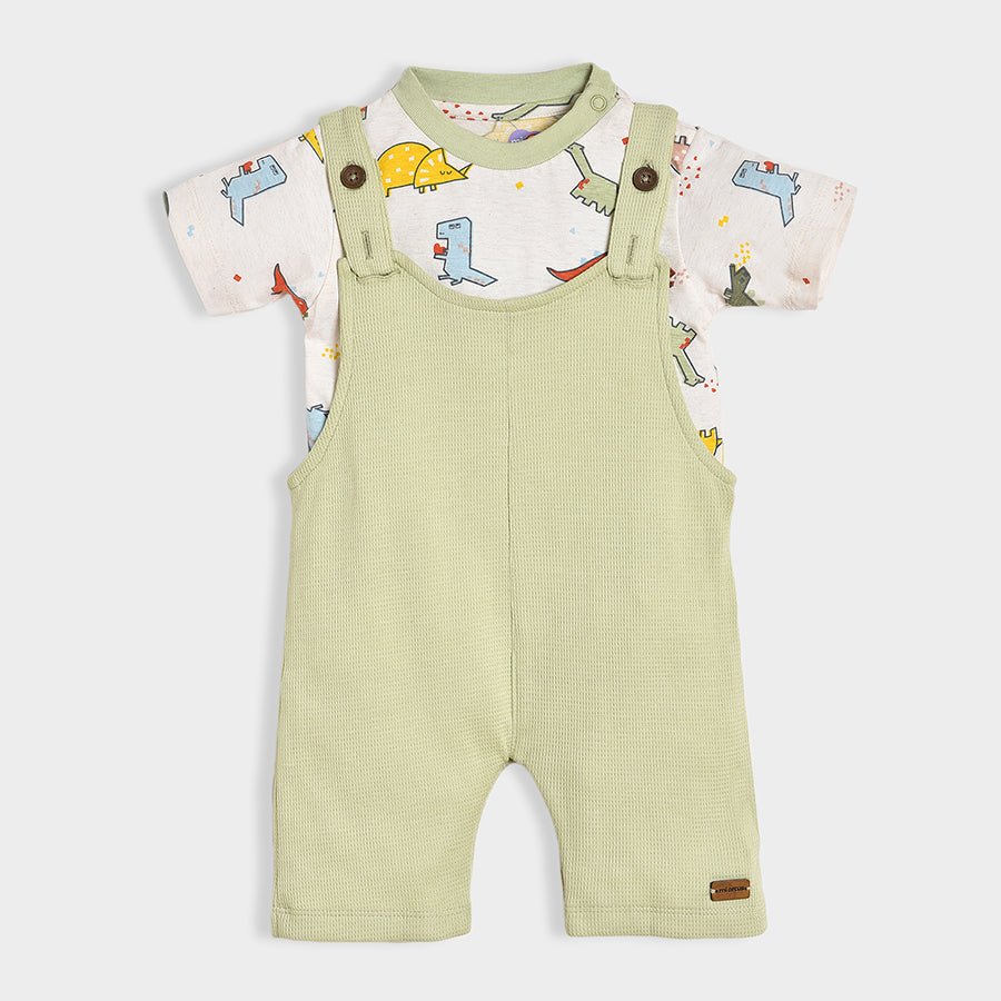 Dinomite Printed White T-shirt & Green Dungaree Set