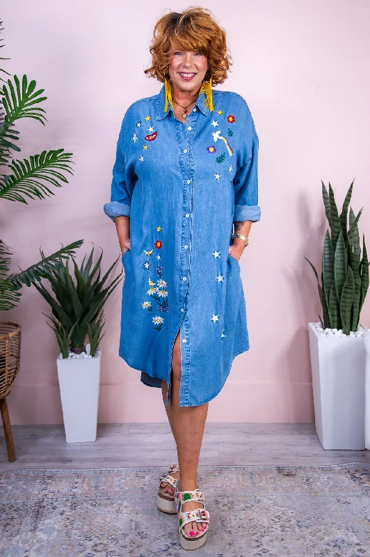 True Happiness Denim Blue/Multi Color Embroidered Dress - D5449DBL