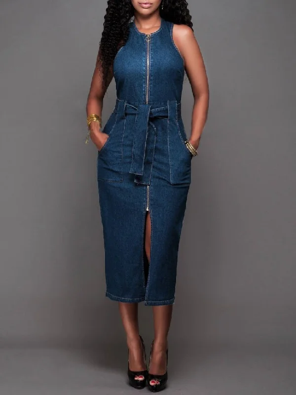 Women Elegant  Sleeveless Denim Jean Dress with Zipper Belt