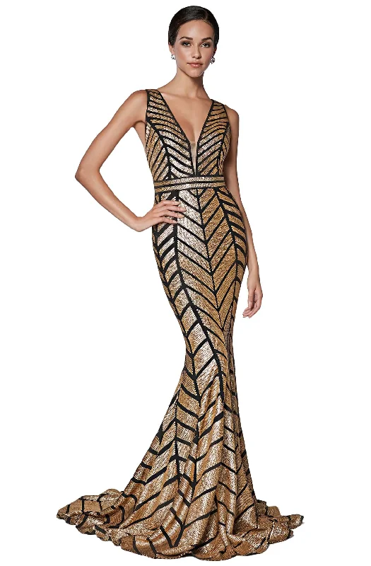 Cinderella Divine - Chevron Sequined Deep V-Neck Mermaid Dress KC19025 - 1 pc Black/Gold In Size 8 Available