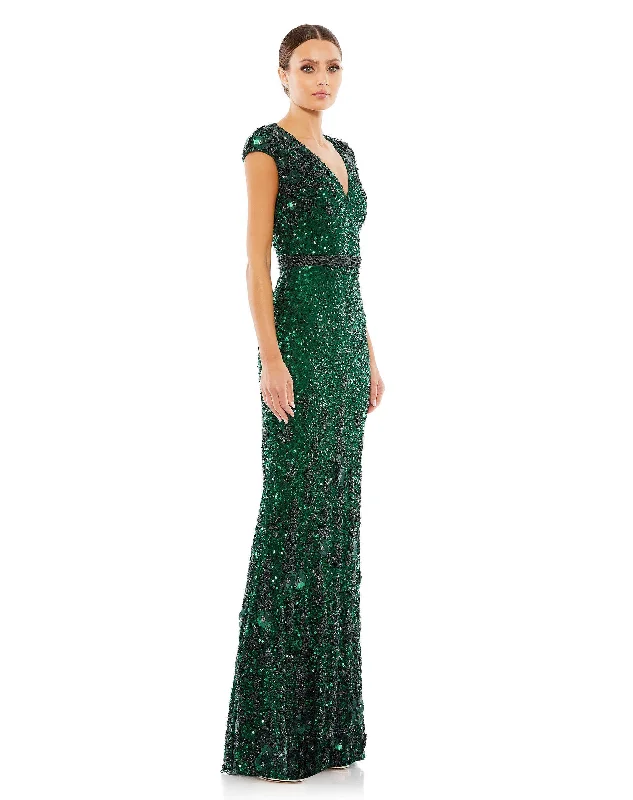 Mac Duggal 5505 Long Embellished V Neck Cap Sleeve Sequin Dress