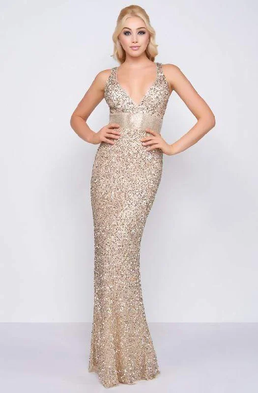 Mac Duggal - Sequined Plunging V-Neck Sheath Dress 4930L - 1 pc Nude/Gold in Size 12 Available