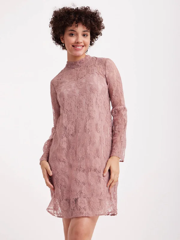 Band Neck Lace Dress - Dusty Pink