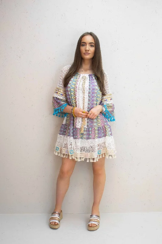 Casey Blue Multi Lace and ZigZag Embellished Tassel Dress