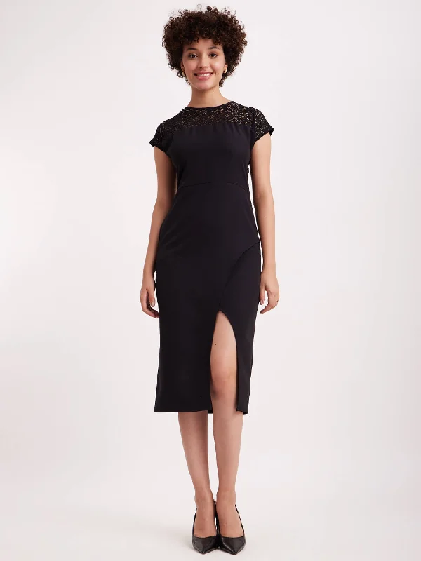 Drop Shoulder Lace Dress - Black