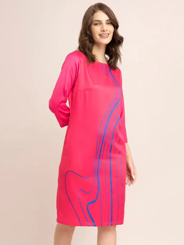 Satin Placement Print Shift Dress - Fuchsia And Blue