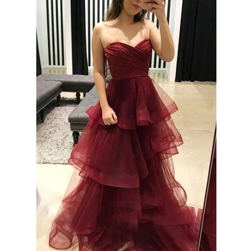 Amazing Sweetheart Tiered Tulle Burgundy Prom Dress Long Girls Graduation Gown 2020