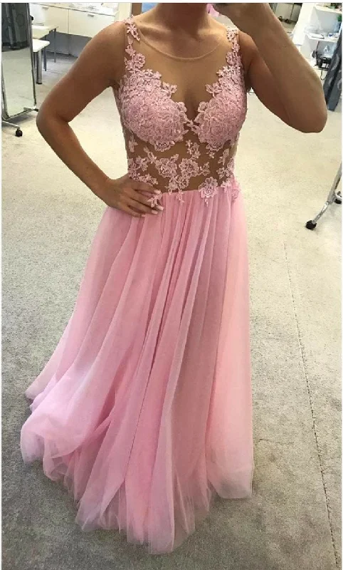 elegant round neck pink tulle long evening dress, PD8580