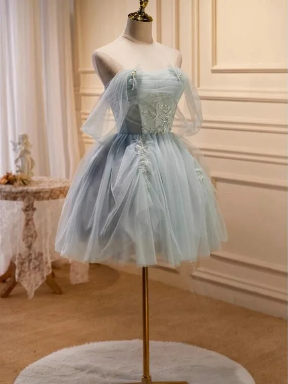 Fancy Tulle and Beads Dusty Light Blue Short Prom Dress with Off the Shoulder SP1010