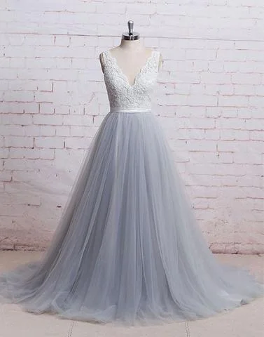 gray tulle A-line v-neck long lace prom dress, PD6845