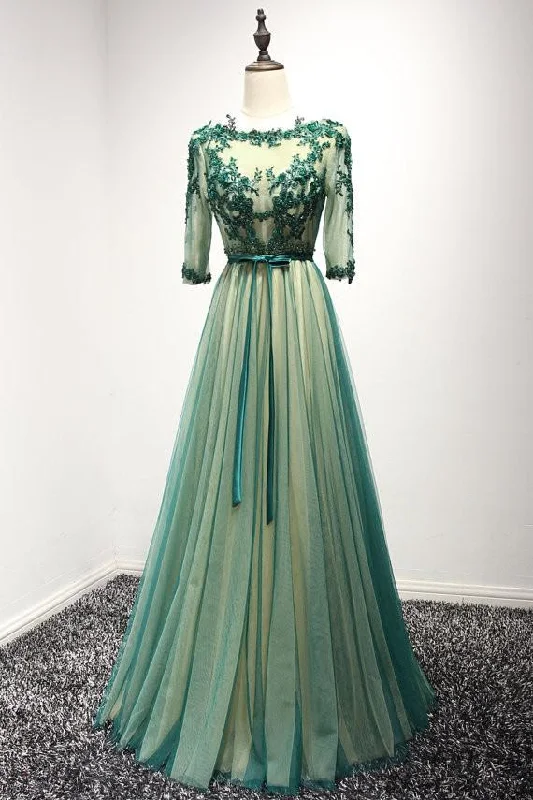 green prom dress, long prom dress, tulle prom dress, mid-length prom dress, prom dress, BD391