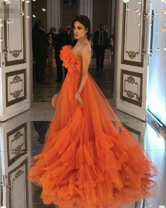 Ruffles Tulle Strapless Tiered  Orange Prom Dresses A Line Special Occasion Gowns PL10624