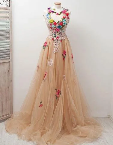 tulle open back long prom dress with flowers, charming evening gown, PD45686