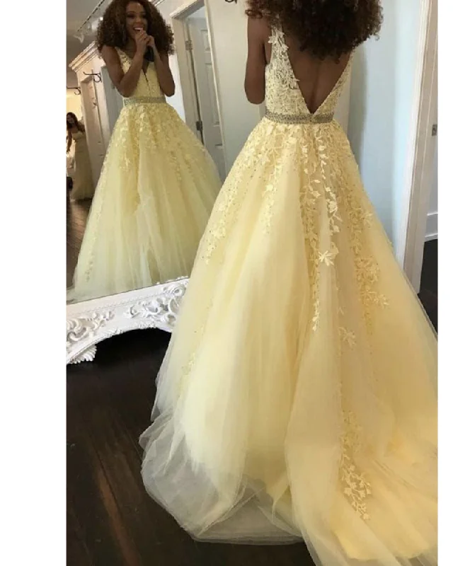 V Neck Yellow Tulle Lace Senior Girls Prom Dress 2K20 Long Formal Homecoming Gowns