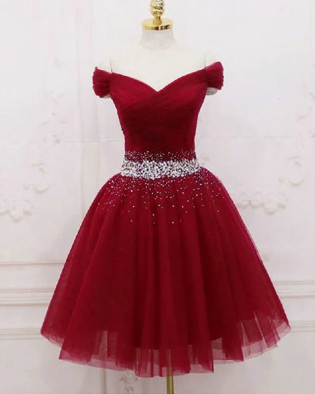 Wine Red Tulle Off Shoulder Short Prom Dress Girls 8th Grade Homecoming Dress SP520