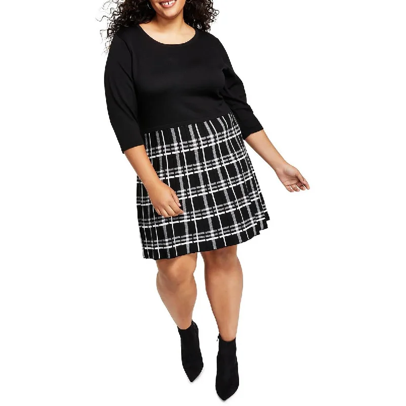 BCX Womens Plus Plaid Above Knee Sweaterdress