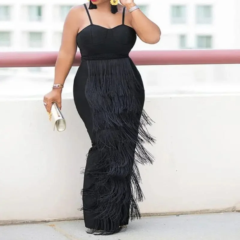 Black Plus Size Spaghetti Strap High Waist Tassel DRESS Plus Size Midi