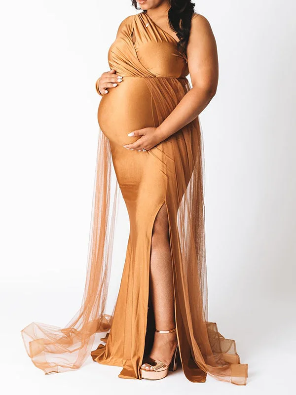 Momyknows Khaki One Shoulder Cut Out Tulle Train Side Slit Plus Size Maternity Photoshoot Dresses Plus Size Embellished