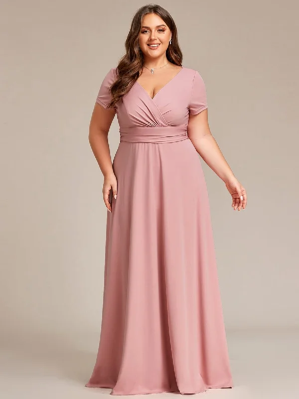 Plus Size Pleated V-Neck Short Sleeves Empire Waist A-Line Bridesmaid Dress Plus Size V-neck