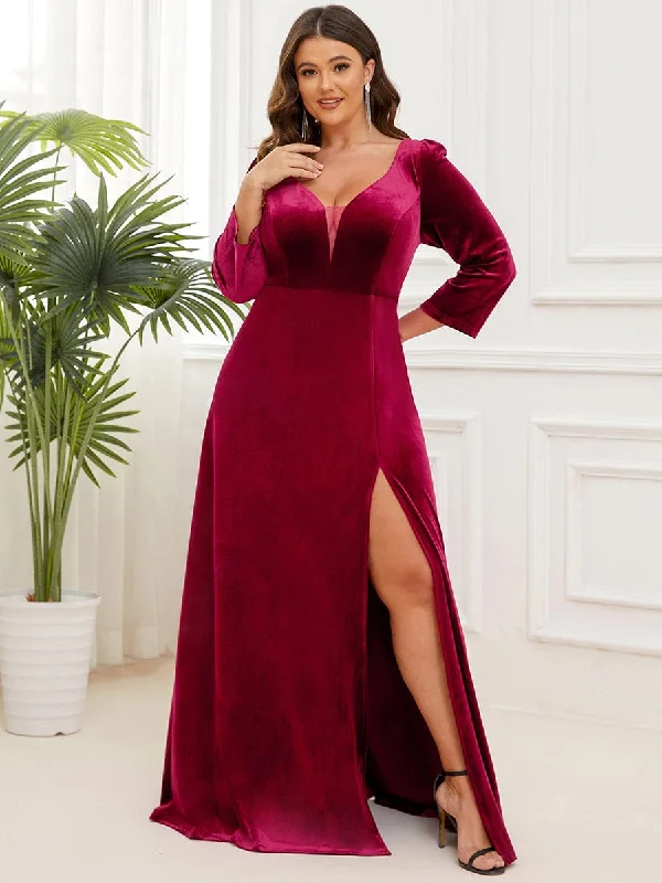 Plus Size Velvet Plunging V-Neck Front Slit 3/4 Sleeve Evening Dress Sleeveless Plus Dress