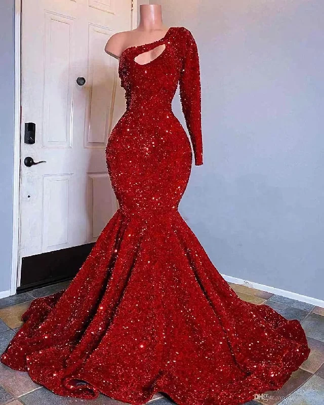 Red Sequined Black Girls Mermaid Prom Dresses 2024 Plus Size One Shoulder Long Sleeve Sequined Keyhole Prom Gowns Plus Size T-shirt