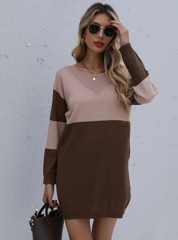 Turtleneck Neck Loose Knit Stitching Sweater Dress