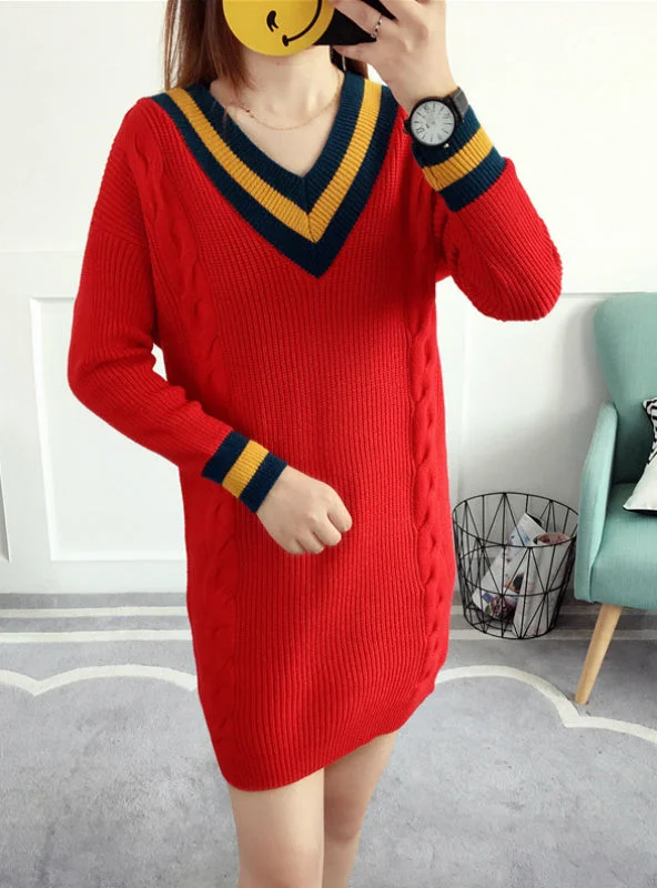 V neck Long Sleeve Loose Knitwear Sweater Dress