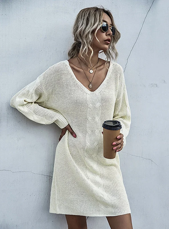 V-neck Pullover Casual Long Sweater Dress