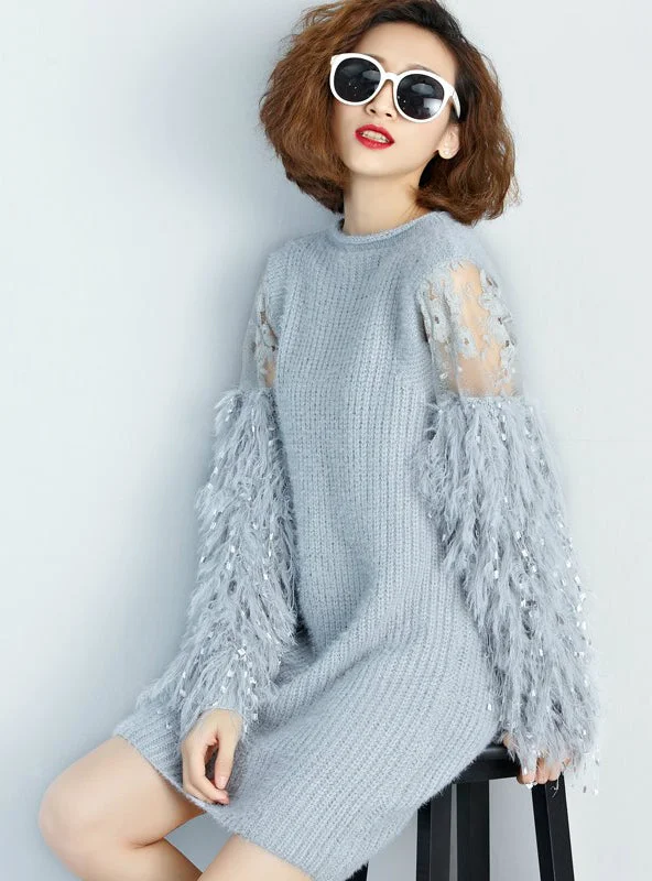 Winter Fur Spliced Long Sleeves Knitted Sweaters Dress