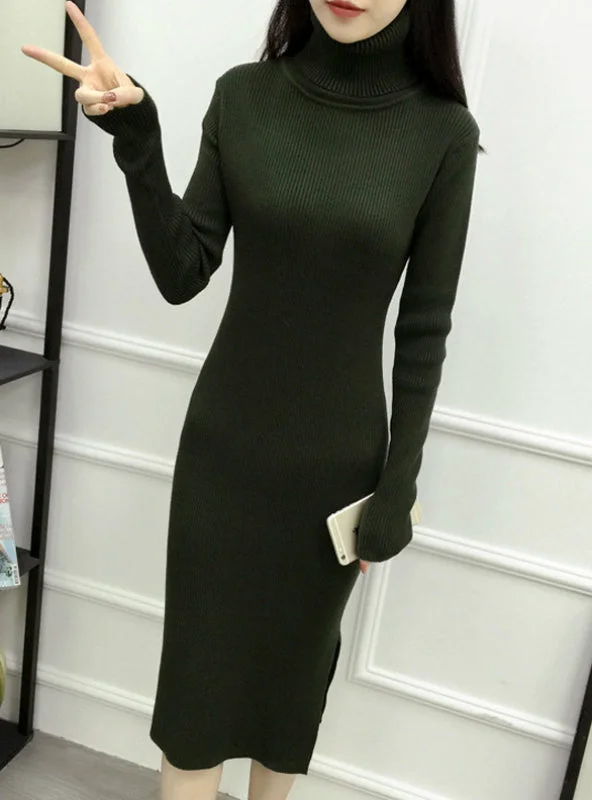 Women's Turtleneck Ribbed Long Sleeve Knit Sweater Dress