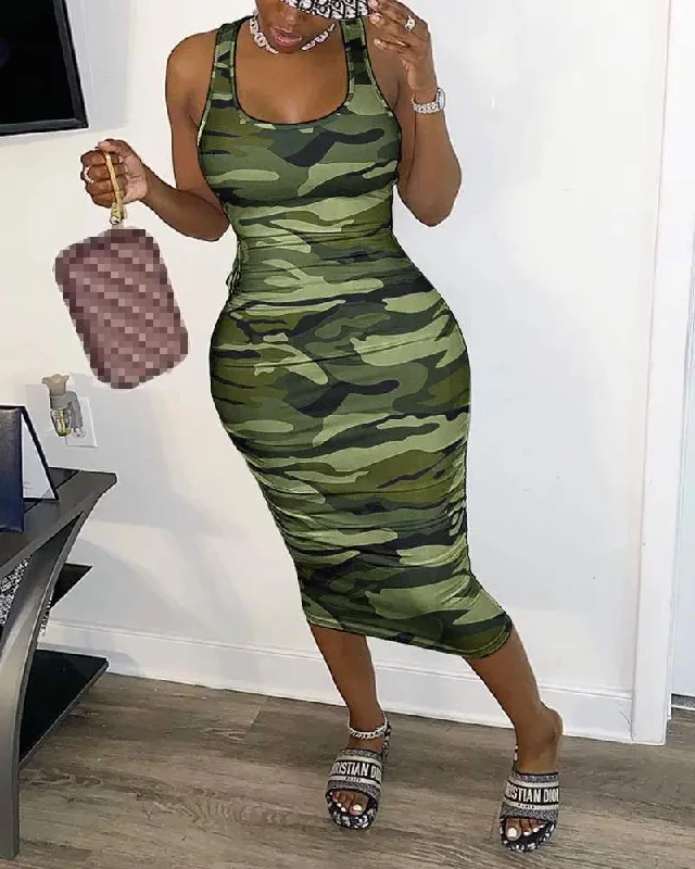 CAMO PRINT LACE UP CUTOUT BACK BODYCON DRESS